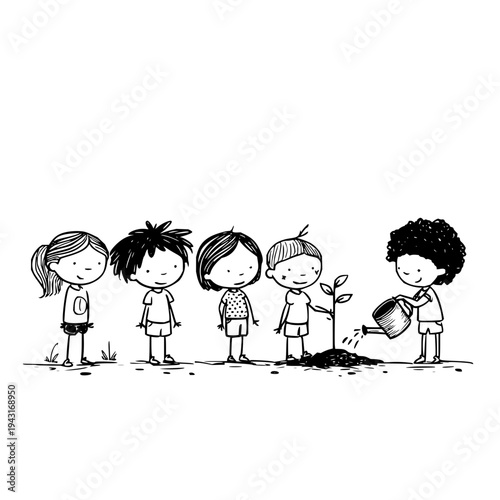 Children Planting Tree Together Outdoors