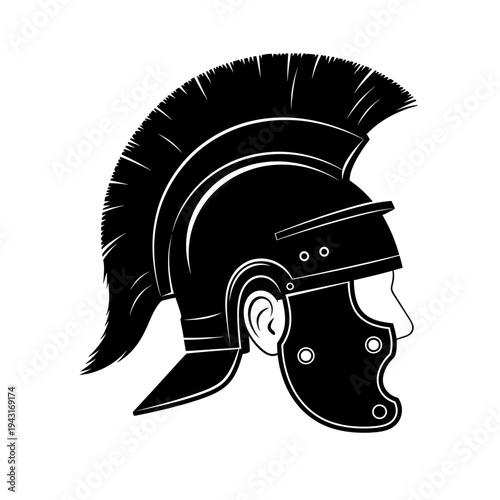 Black and white vector illustration of a roman legionary soldier helmet with a decorative crest