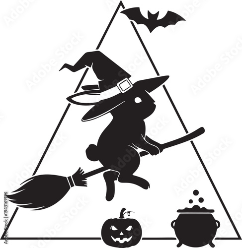 Halloween rabbit witch silhouette flying on broomstick inside triangle frame with spooky bat pumpkin and cauldron cauldron symbol