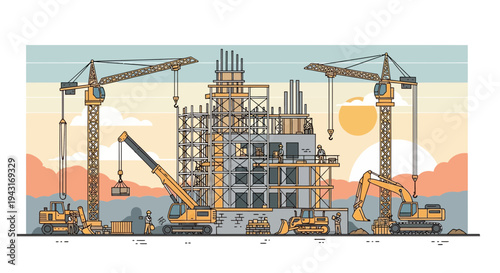 Construction Site with Cranes and Machinery.