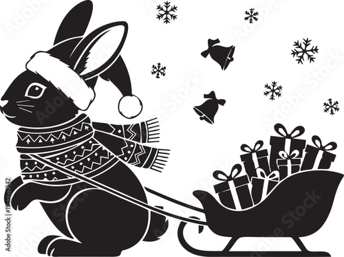Christmas rabbit silhouette wearing santa hat and winter scarf pulling sleigh full of gift boxes with snowflakes and bells motif