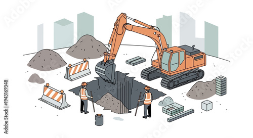 Construction Site with Excavator and Workers 1.