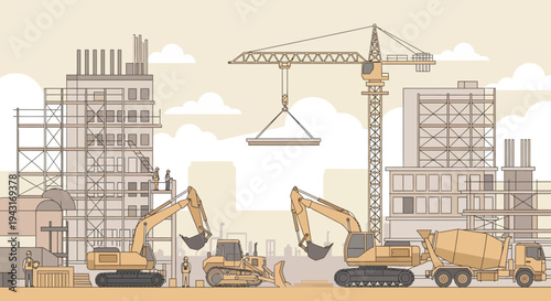 Construction Site with Heavy Machinery and Cranes.