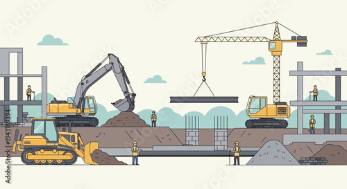 Construction Site with Heavy Machinery and Equipment.