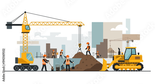 Construction Site with Workers and Heavy Machinery.