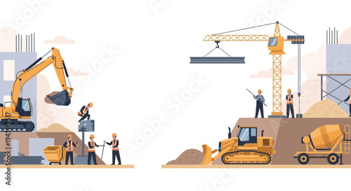 Construction Site with Heavy Machinery and Workers.