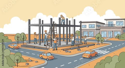Construction Site with Workers and Building.