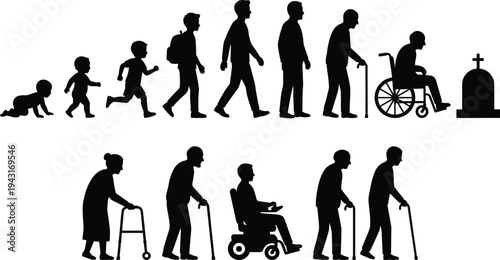 Human life cycle aging stages silhouettes from baby to elderly with cane wheelchair and grave isolated black vector illustration
