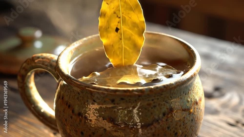 Steaming mug of brewed beverage with natural herbs and rustic texture