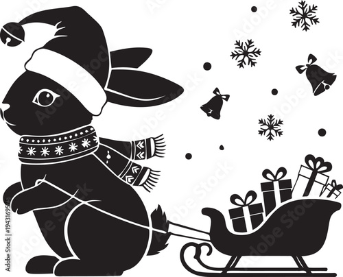 Christmas bunny pulling sleigh with gifts, snowflakes and bells on transparent background