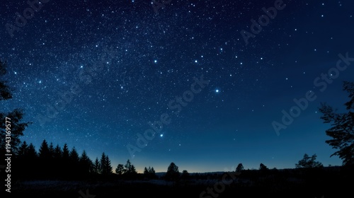 A starry night sky with a silhouette of a forest and a clear horizon, featuring a constellation of stars and a few distant planets.