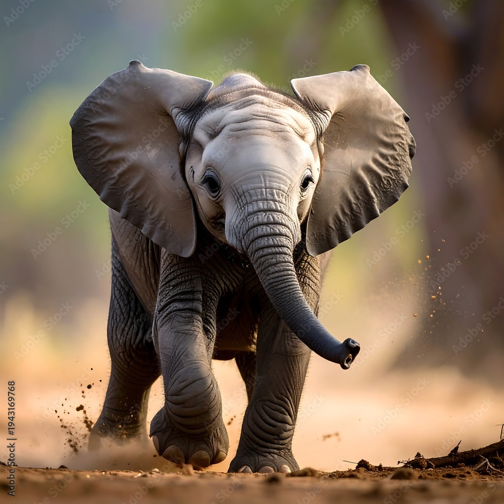 Fototapeta premium A charming, young pachyderm charges forward, its large ears fanned out as it stirs up dust. The baby is the focal point with blurred backdrop