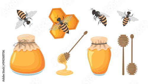 Honey Jar and Bees Collection with Honey Dipper Vector Set