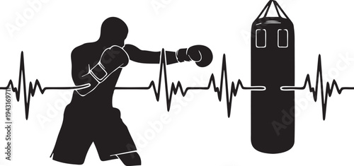 Boxing athlete silhouette hitting punching bag with heartbeat line rhythm showing pulse rate and sports performance intensity art