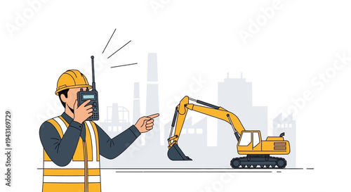 Construction Worker Directing Excavator with Radio.