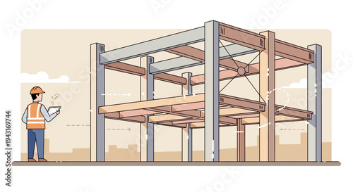 Construction Worker Inspecting Building Frame Structure.