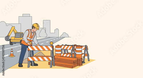 Construction Worker Directing Traffic with Barriers.