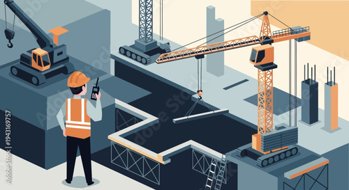 Construction Worker Inspecting Building Site with Crane.