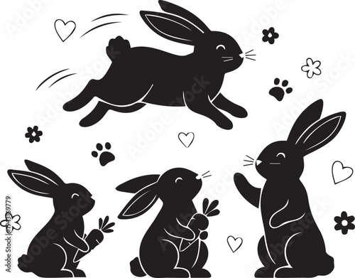 Cute rabbits collection with jumping bunny and bunnies eating carrots set with flower and heart symbols for easter holiday design
