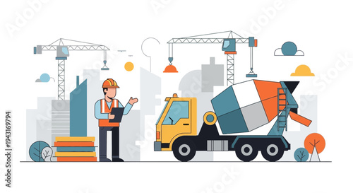 Construction Worker Inspecting Concrete Mixer Truck.