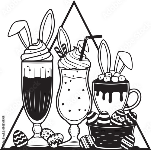 Three easter drinks with bunny ears and decorations alongside basket of decorated eggs within geometric frame