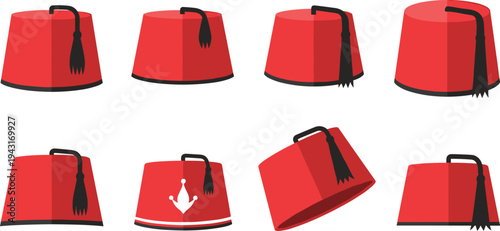 Traditional Turkish Fez Hat Collection with Tassel Ottoman Cultural Headwear Vector Illustration Set