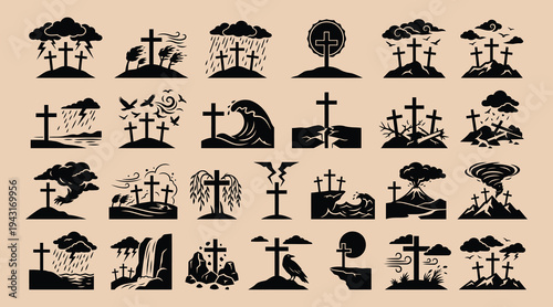 Collection of black silhouettes of crosses on various landscapes with different weather conditions