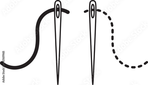 Black sewing needle with thread forming a solid curved line and a dashed curved line also transparent background