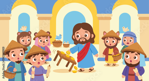 Cleansing of the Temple

Kawaii style flat vector illustration of Jesus cleansing the temple, showing Jesus gently overturning a small table with coins while merchants look surprised, simplified templ