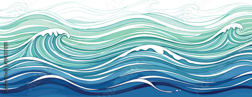 Blue ocean waves vector illustration with turquoise sea foam and curling water ripples isolated on white background for summer beach nature design