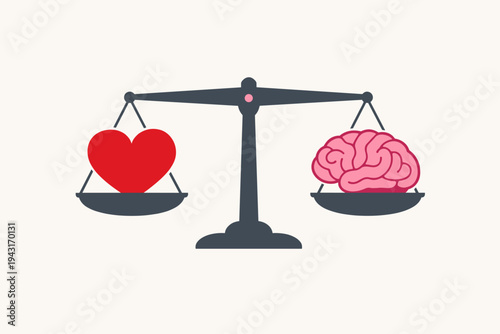 Flat Vector Illustration of a Red Heart and a Pink Human Brain Balanced on a Scale, Representing the Equilibrium Between Logic and Emotion, Decision Making, Psychology, and Mental Health Concept