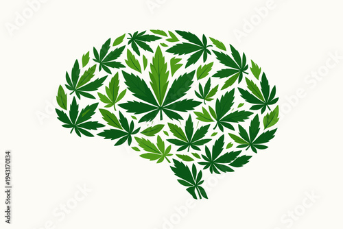 Human Brain Shape Composed of Green Marijuana Leaves, Conceptual Flat Vector Illustration Representing Medical Cannabis, Mental Health, Neurological Effects of Marijuana, and CBD Oil Benefits