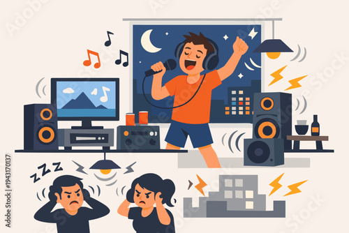 Vector illustration of a noisy neighbor singing karaoke and playing loud music at night, causing a disturbance to angry neighbors downstairs who are covering their ears in frustration and anger.