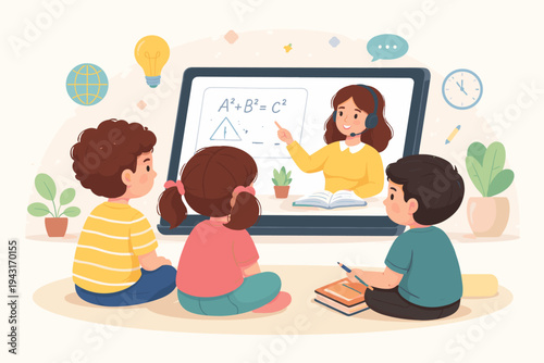 Flat vector illustration of a group of children sitting on the floor watching an online teacher explain math on a large tablet screen. Concept of e-learning, remote education, and homeschooling.