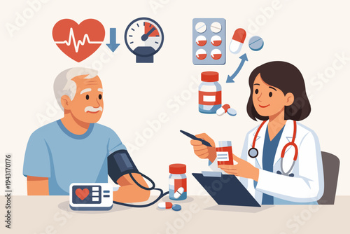 Senior man at a medical checkup with a female doctor prescribing hypertension medication, featuring blood pressure monitor, heart rate icons, and medicine bottles in a flat vector style.