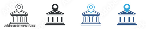 Bank location icon set, bank building with map pin icon. Financial institution navigation concept. Banking location symbol. Vector illustration.