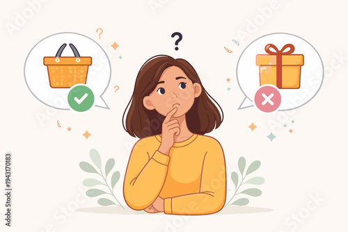 Vector Illustration of a Puzzled Woman in Doubt Thinking and Analyzing Two Options Between a Shopping Basket with a Checkmark and a Gift Box with a Cross Mark for Consumer Decision Making Concept