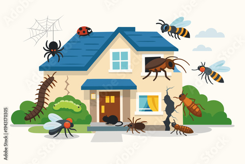 Vector illustration of a residential house infested with various pests and insects like spiders, cockroaches, termites, flies, and centipedes, symbolizing home damage and pest control needs.
