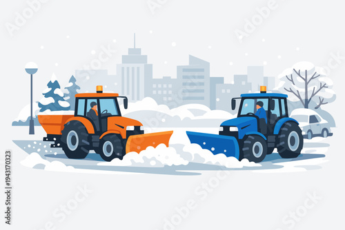 Flat vector illustration of orange and blue snow plow tractors clearing heavy snow from urban city streets after a winter blizzard, featuring a cityscape, snowy trees, and falling snow background