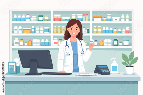 Professional female pharmacist in white lab coat standing behind a drugstore counter with shelves of medicine bottles and computer. Flat vector illustration for healthcare and medical concepts.