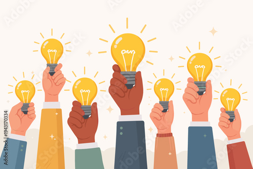 Diverse hands holding glowing light bulbs representing creative ideas, innovation, and brainstorming. Flat vector illustration of teamwork, inspiration, and collective intelligence concept.