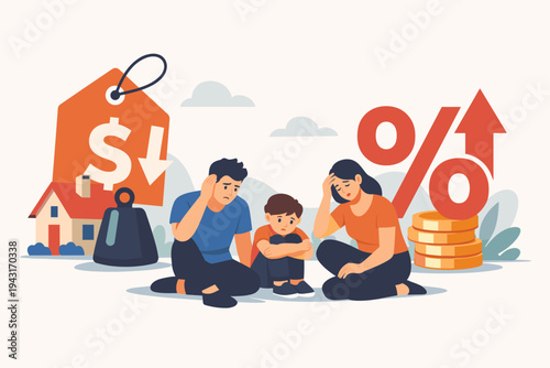 Sad Family Struggling with High Mortgage Costs, Rising Interest Rates, and Financial Debt. Parents and Child Facing Economic Hardship, Housing Market Crisis, and Inflation. Flat Vector Illustration