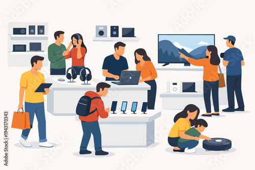 People shopping for gadgets in a modern electronics store. Flat vector illustration of customers browsing laptops, smartphones, headphones, a large TV, and a robot vacuum cleaner in a retail shop.
