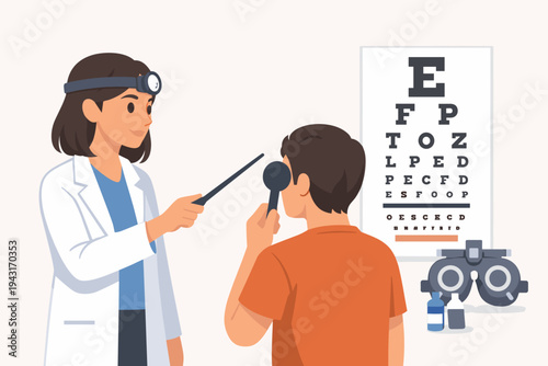 Female Ophthalmologist Examining a Patient's Vision Using a Snellen Eye Chart in a Medical Clinic, Professional Optometrist Conducting an Eye Exam and Sight Test, Flat Vector Illustration