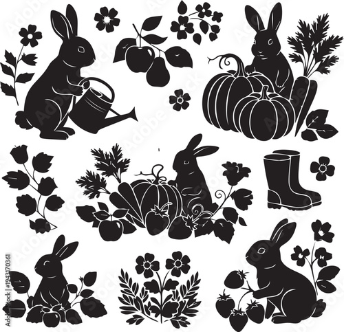 Collection of black silhouette bunnies in garden scene, watering can, pumpkins, carrots, apples, pears, strawberries, flowers