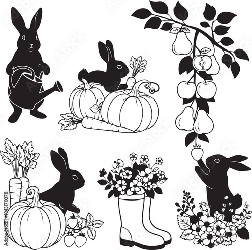 Outline drawings of bunnies in garden with watering can, pumpkins, carrots, fruit tree branch, rubber boot full of flowers