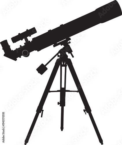 Black silhouette of a telescope mounted on a tripod also transparent background star