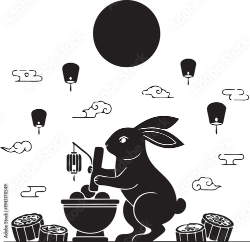Asian moon festival rabbit pounding mochi under full moon and sky lanterns traditional cultural celebration