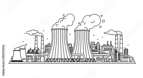 Nuclear Power Plant Illustration with Cooling Towers.