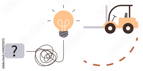 Problem solving, innovation, logistics, productivity, idea generation, goal achievement. Light bulb, forklift tangled line connected to a question mark. Problem solving and innovation concepts